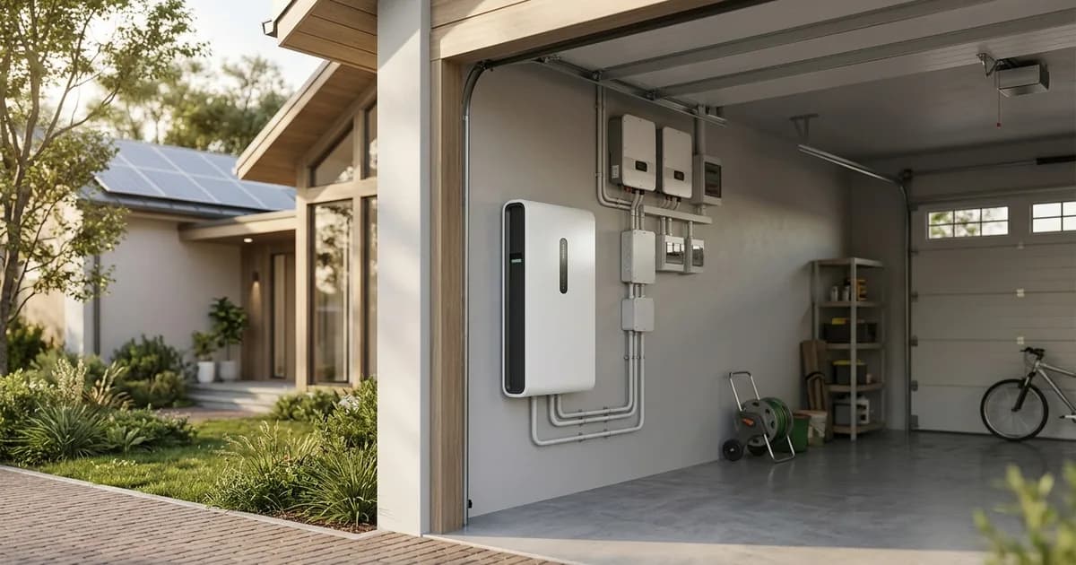 Home battery storage unit mounted on a garage wall — illustration for: FranklinWH Battery Review: Cost, Specs & How It Compares to Powerwall