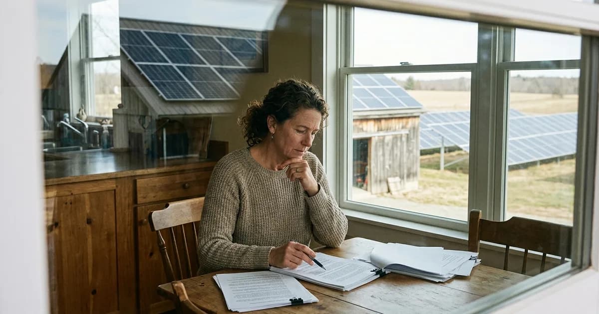 How Much Do Solar Companies Pay to Lease Land? (2026 Rates) Homeowner reviewing solar costs at home with rooftop panels visible outside — illustration for: How Much Do Solar Companies Pay to Lease Land? (2026 Rates)