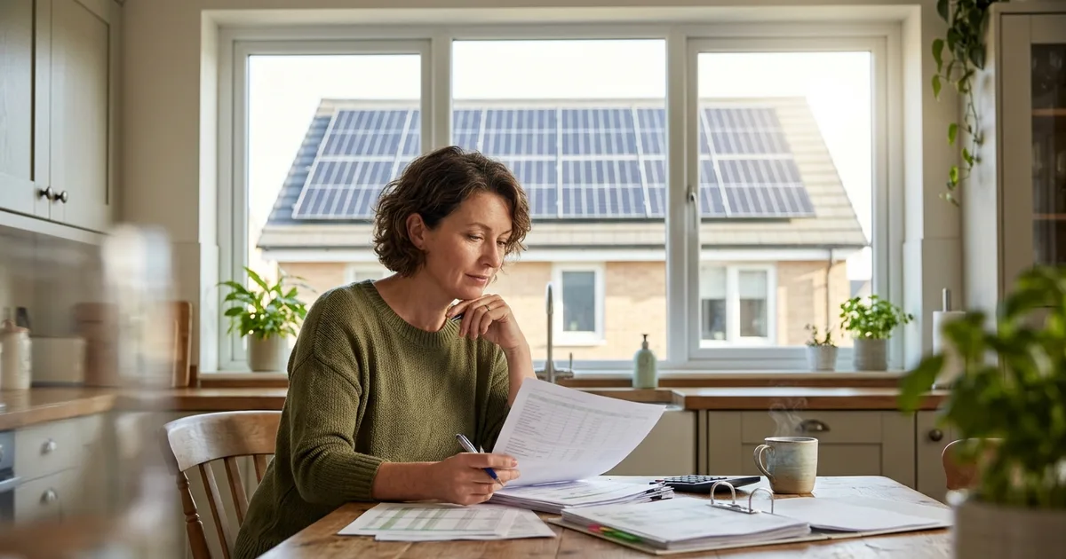 Homeowner reviewing solar costs at home with rooftop panels visible outside — illustration for: How Much Do Solar Panels Cost in 2026?