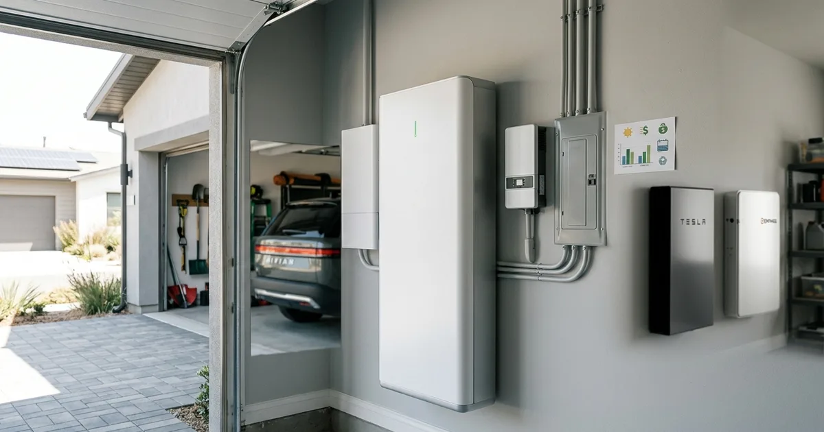 Home battery storage unit mounted on a garage wall — illustration for: NeoVolta Battery Review: NV14 Specs, Cost & Performance in 2026