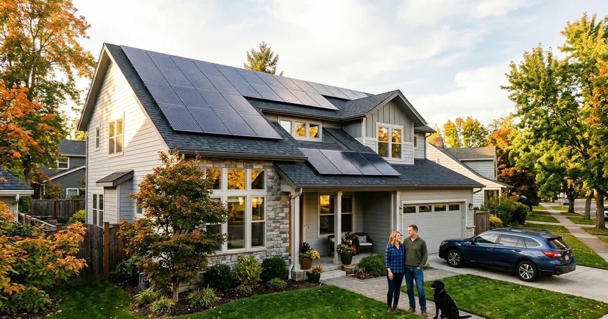Rooftop solar panels on a modern American home — illustration for: Solar Energy 101: A Complete Beginner's Guide