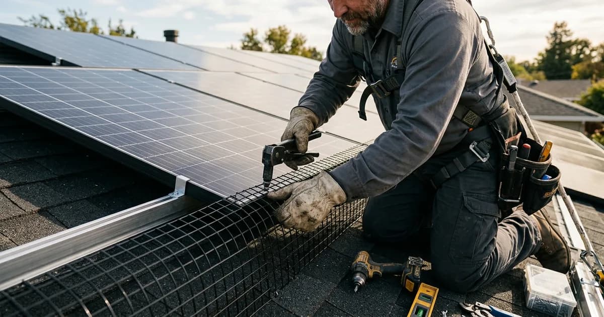 Technician installing solar equipment close up — illustration for: Solar Panel Critter Guard: Cost, Installation & Why You Need One
