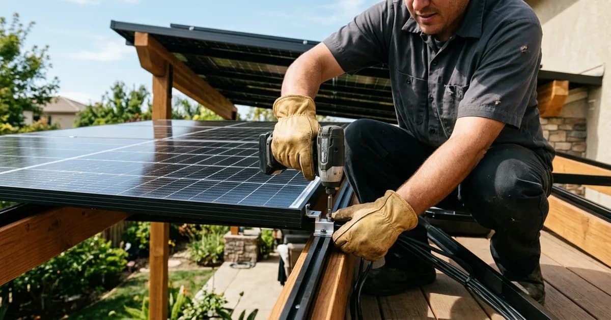 Technician installing solar equipment close up — illustration for: Solar Patio Covers: Cost, Pros & Cons, and How They Work