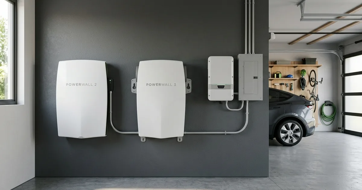 Home battery storage unit mounted on a garage wall — illustration for: Tesla Powerwall 2 vs Powerwall 3: Full Comparison Guide