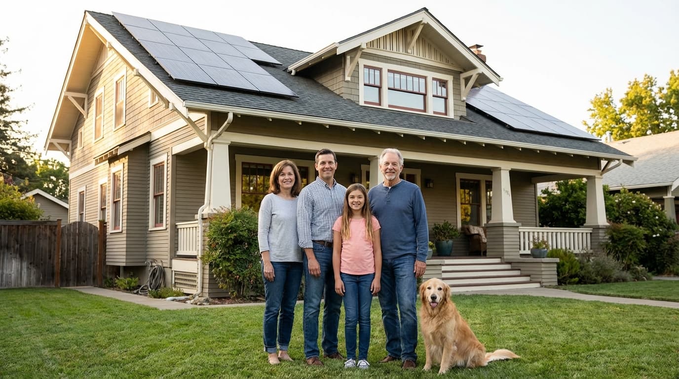 Family with solar-powered home in Plano, Texas Family benefiting from home solar energy savings in Plano, Texas - Electricity Rates