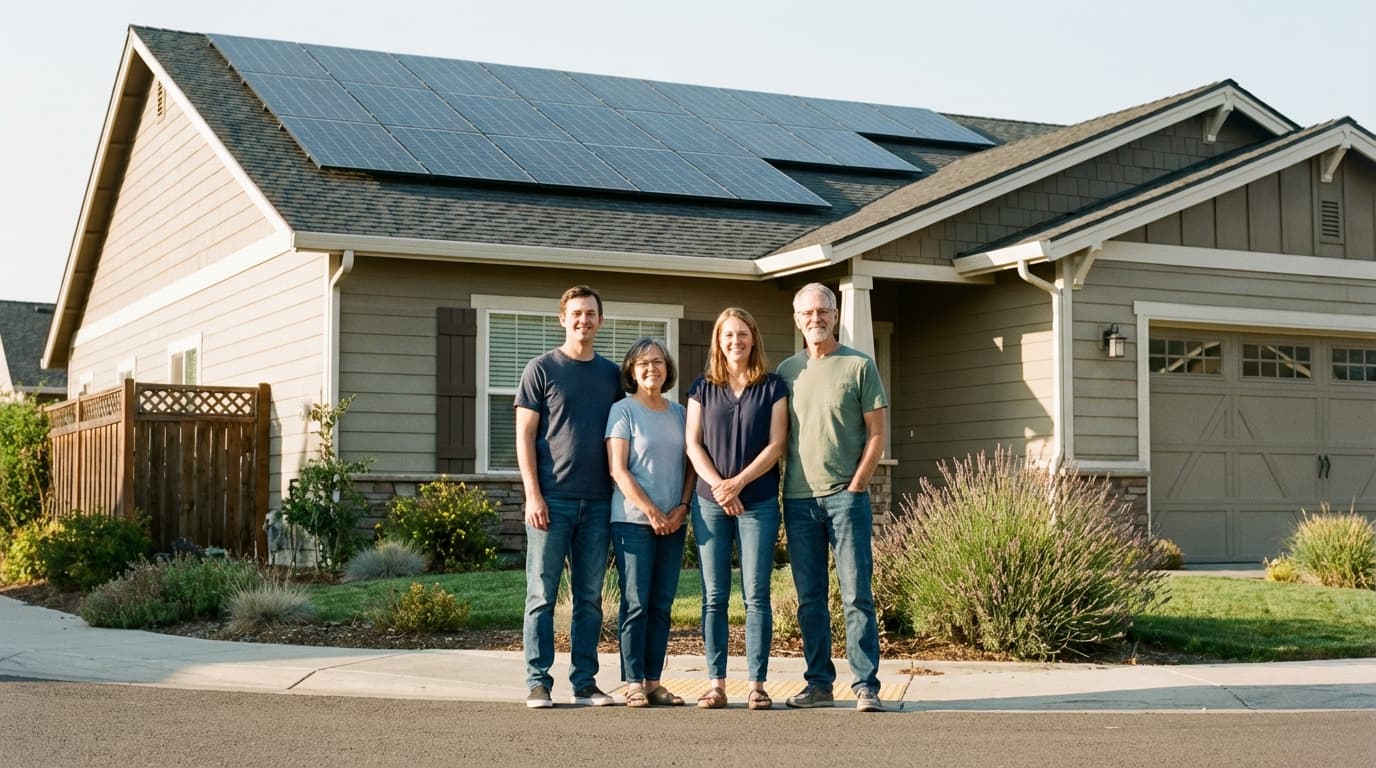 Family with solar-powered home in Rhode Island Family at their home with rooftop solar installation in Rhode Island - Solar Panel Cost
