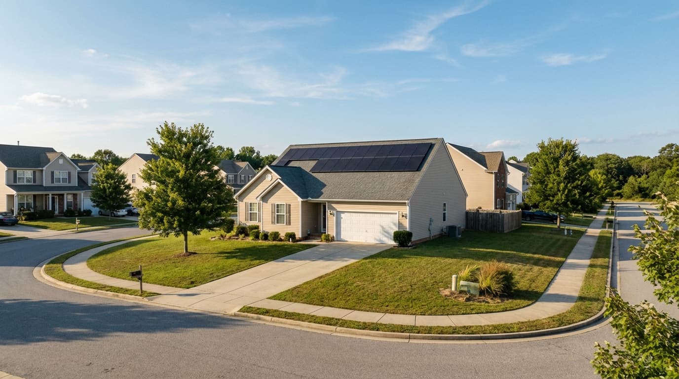 Residential home with solar panels in Cincinnati, Ohio Neighborhood homes with rooftop solar arrays in Cincinnati, Ohio - Battery Storage