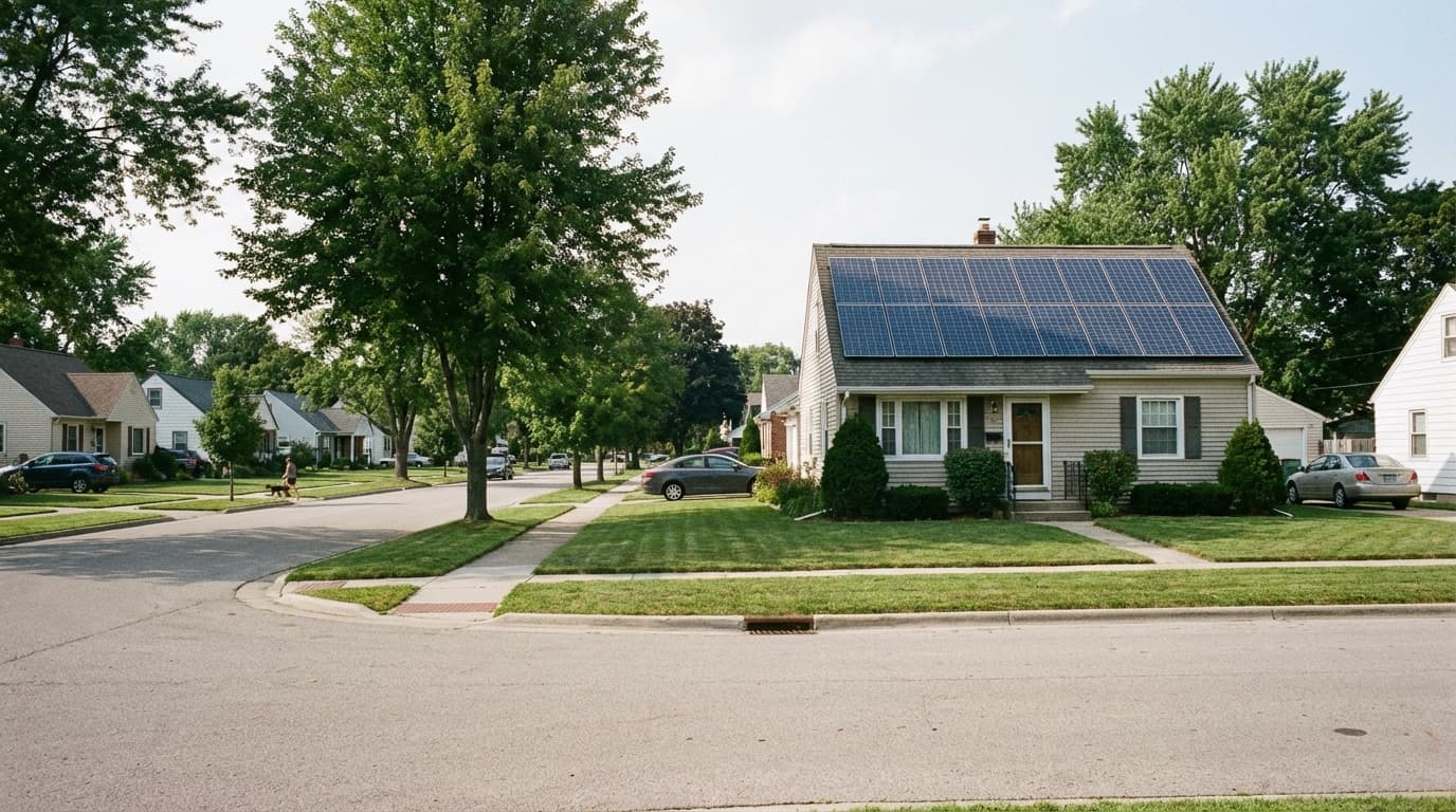 Residential home with solar panels House with solar panels in residential area - Battery Storage by State
