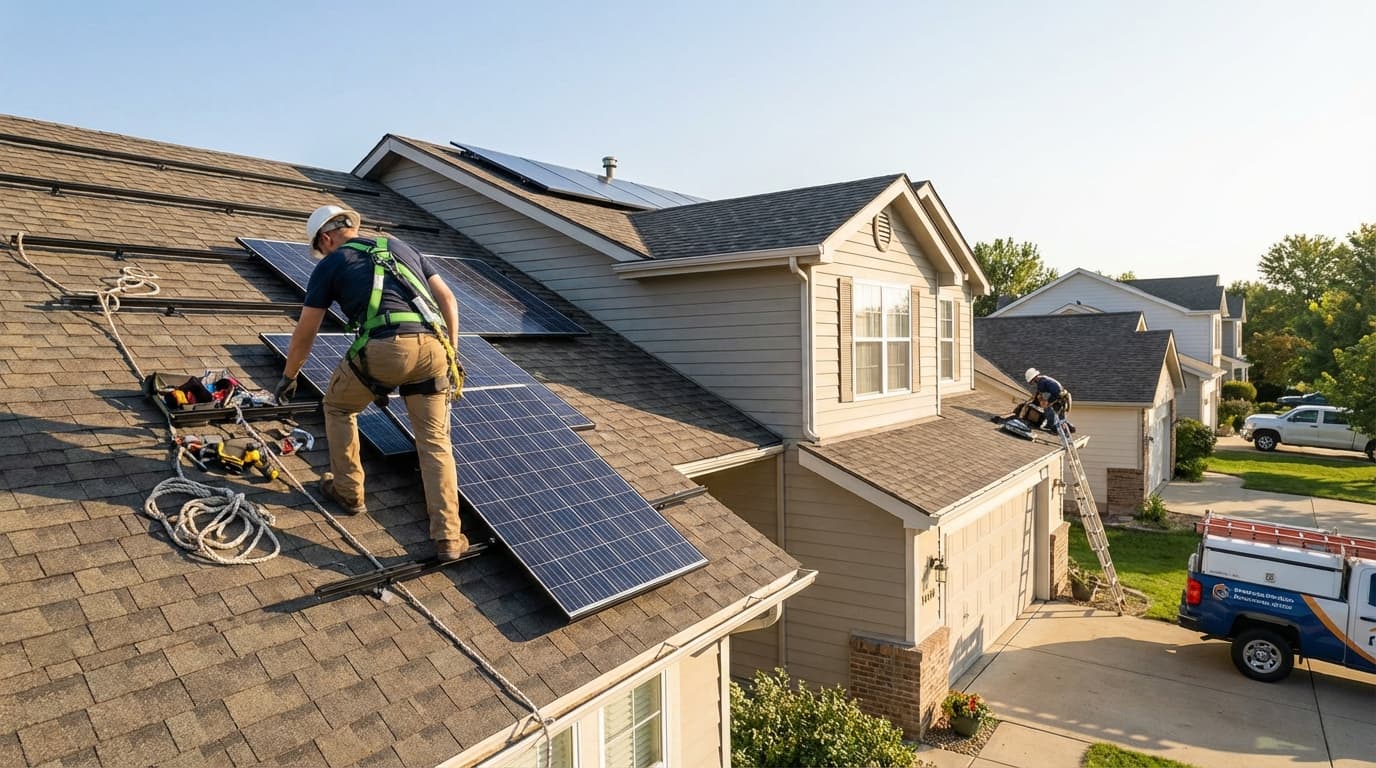 Professional solar panel installation in Tennessee Workers carefully placing solar panels on a rooftop in Tennessee - Solar Incentives