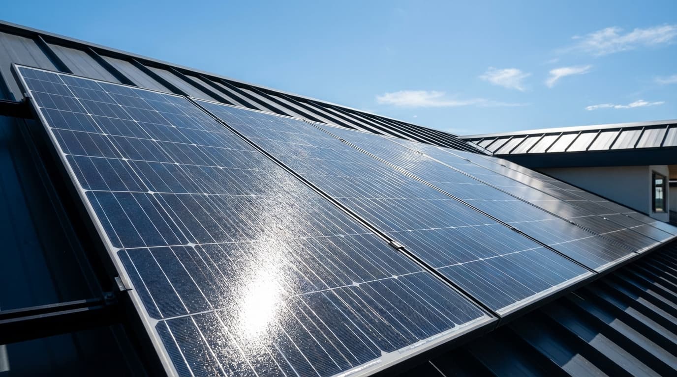 Solar panels under blue sky in Huron, South Dakota Row of solar panels producing renewable energy in Huron, South Dakota - Solar Panel Cost