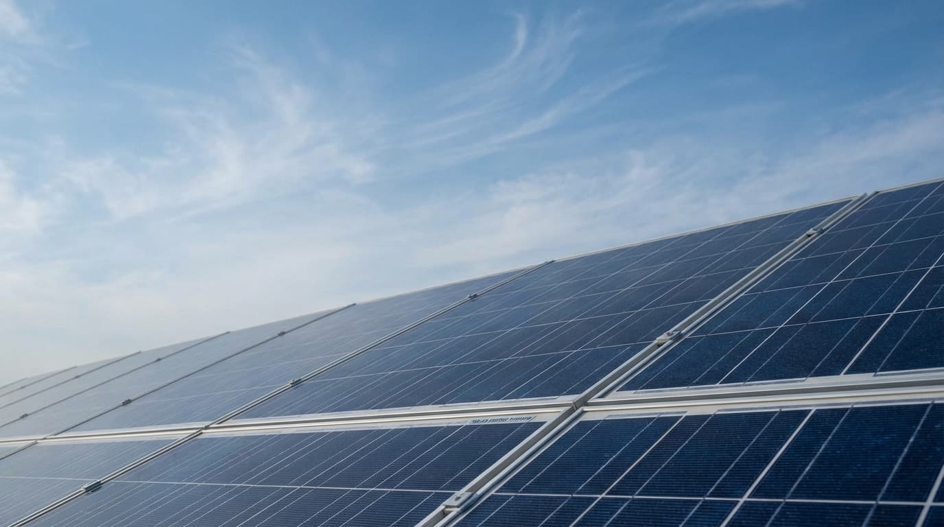 Solar panels under blue sky in Plano, Texas Rooftop solar panels reflecting sunlight in Plano, Texas - Electricity Rates
