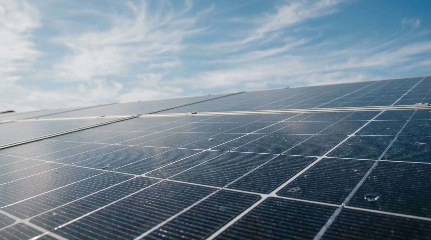 Solar panels under blue sky in Kansas Rooftop solar panels reflecting sunlight in Kansas - Battery Storage