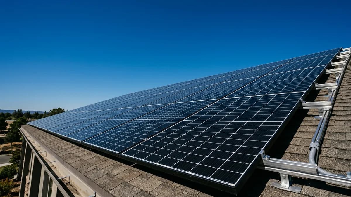 Solar panels under blue sky Rooftop solar panels reflecting sunlight - How Much Does a Tesla Powerwall Cost in 2026? Full Pricing Breakdown