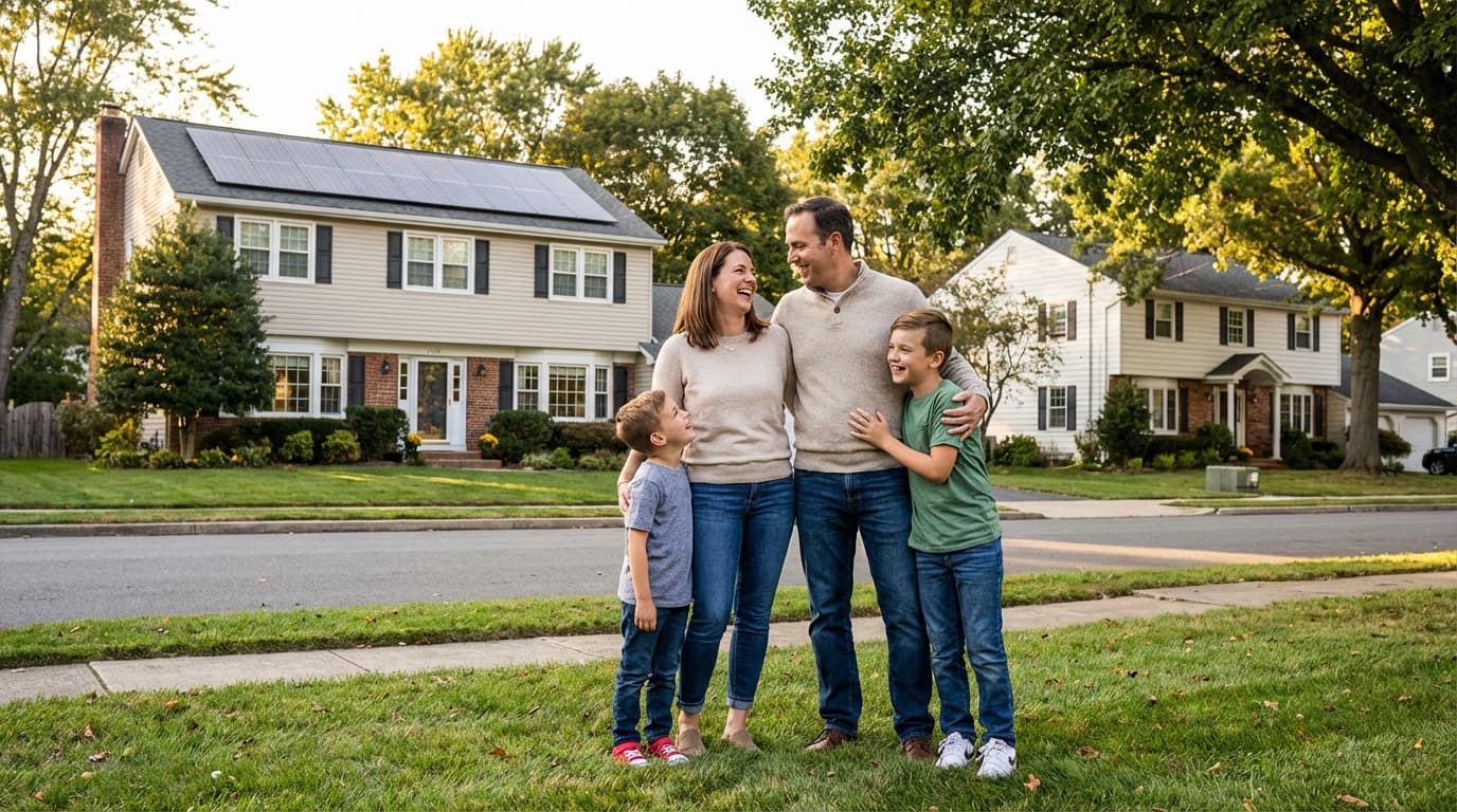 Happy family standing together in front of their solar-powered home