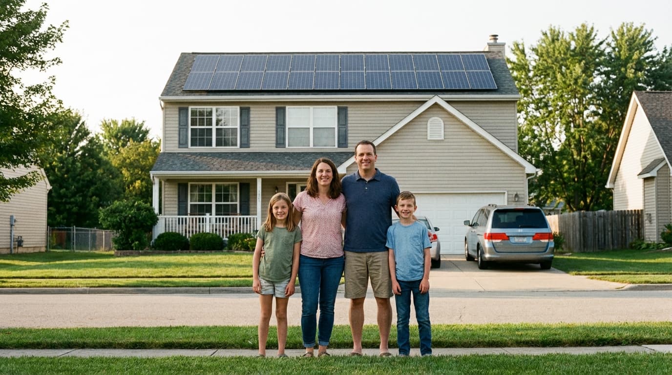 Happy family in front of their solar-powered home