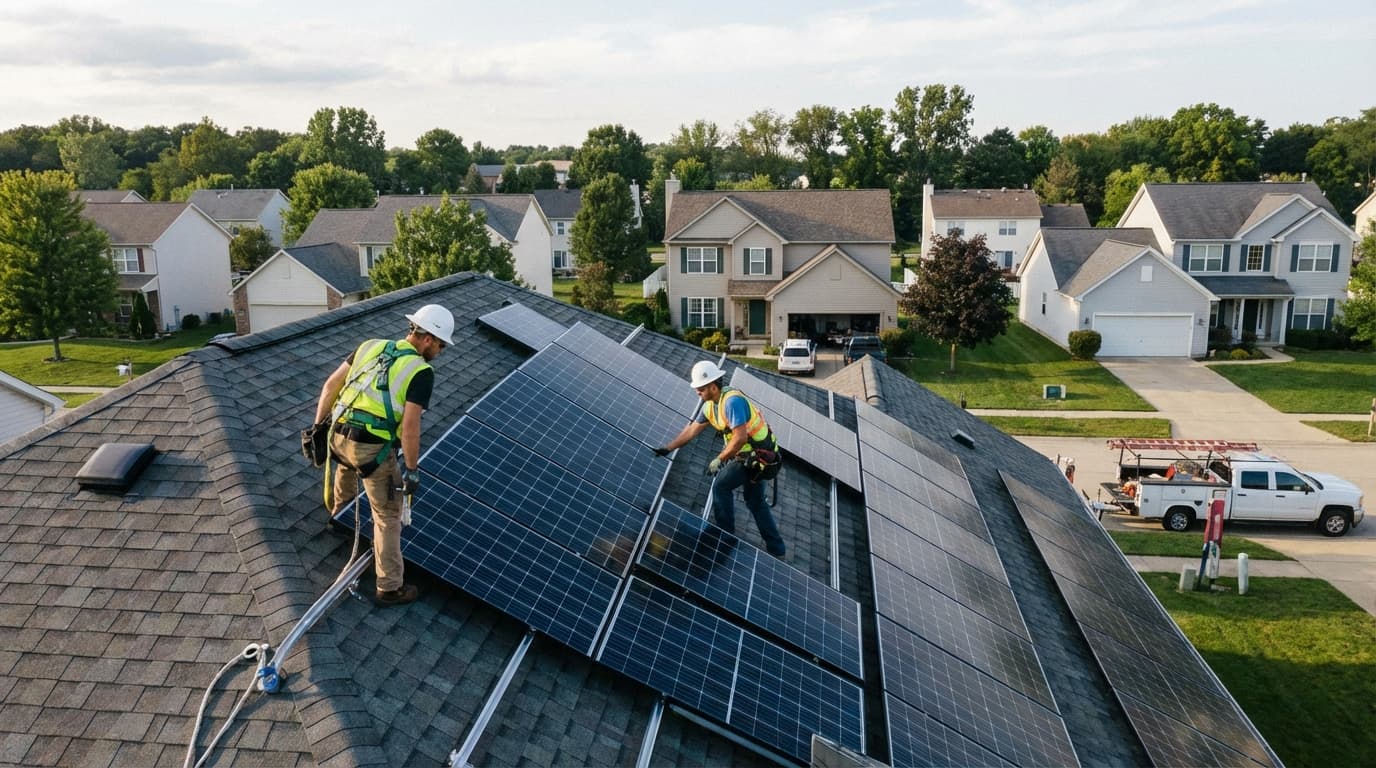Professional solar panel installers working on a rooftop in New York