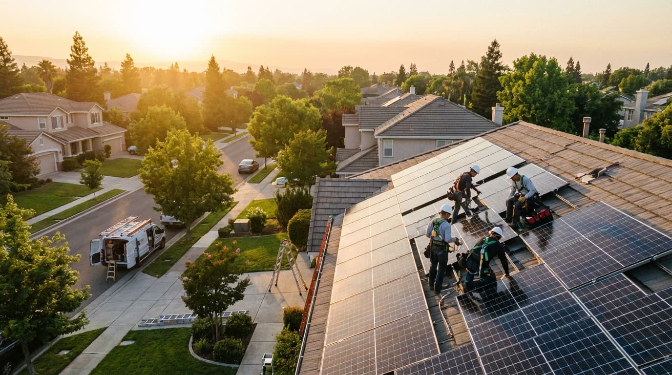 Best Solar Companies in California Solar panel installers working on a rooftop in California - Best Solar Companies