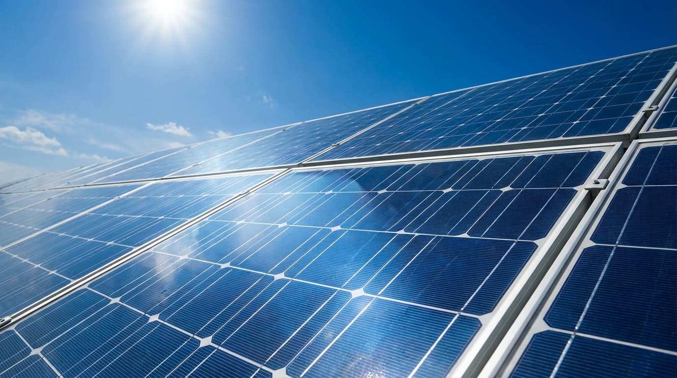 Solar panels under blue sky with bright sunlight