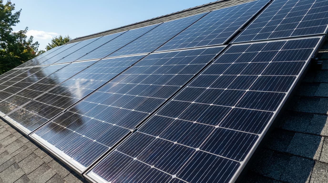 Closeup of solar panels installed on a residential rooftop